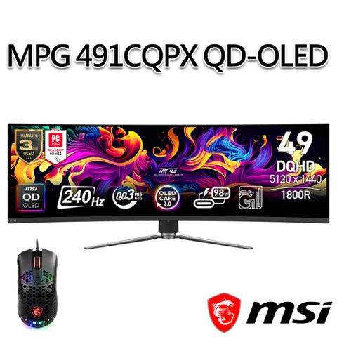 MSI 微星 【滑鼠組】MPG 491CQPX QD-OLED 49吋 曲面電競螢幕(49"/5120x1440/32:9/240Hz/曲面)