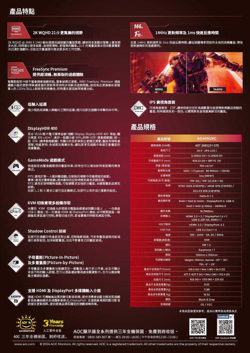 產品特點O  HD2K WQHD 29 更寬廣的視野2K WQHD  440X 解析度提供超細膩的質感讓使用者直觀在上看到更多內容展示更多細節更清晰更璀璨的圖像29 的寬畫面適合用觀賞電影及沉浸於遊戲中也能在文書處理中提供更多的工作空間 更新頻率及 快速反應時間支援 144Hz 更新頻率及1ms 快速反應時間,讓玩家盡情享受前所未有的流暢畫面,帶來更刺激精彩的遊戲勝利FreeSyncFreeSync Premlum提供超流暢無撕裂的遊戲體驗撕裂和卡頓不僅會損害遊戲效能,還會破壞沉浸感。AMD FreeSync Premium 透讓示器的更新率與處理器的更新率保持同步來解決這個。該技術在更高解析度幕上的 120Hz 及以上效果最佳,同時還支援補償功能。60HzGAME 144HzIPS 廣視角面板低輸入延遲減少視訊來源輸入與輸出之間的延遲,提升玩家在遊戲中攻擊的命中率。可視角度達到 178,讓使用者在任何角度觀看均呈現清新完整的畫面,同時展現色彩一致性,以實際呈現真鮮活的畫面。DisplayHDR 400符合 VESA 影片電子標準協會規範 Display Display HDR 400 等級,顯示亮度 400 cdm²,高於一般顯示器 50。同時 HDR高範圍較一般 SDR標準動態範圍所顯示的色彩與對比更趨近真實。畫面表現暗處更暗;明處更明,色域更加寬廣出色,讓玩家享受遊戲中每個生動畫面的視覺震撼。產品規格產品型號國際條碼 EAN碼面板尺寸GameMode 遊戲模式快速設定 各種 遊戲適用的畫面效果,同時也可以增加使用者習慣的情境模式。FPS 適用於第一人稱射擊遊戲。在較暗的場景中改善黑階的細節。賽車適用於賽車遊戲。提供最快的反映時間和高色彩飽和度。像素間距 mm)可視畫面尺寸(mm)亮度 (典型值)動態對比度反應時間RTS: 適用於即時戰略遊戲。可根據需求加強部分畫面,並調整畫面品質和細節。可視角度(水平/垂直)色域玩家1、2和3:提供三個可自定義模式,玩家可以保存自己喜歡的設定。KVM 切換實現多設備存取內置的 KVM 切換器允許將兩台電腦設備連接到顯示器上,一台通過USBC 連接;另一台通過  或 DisplayPort 連接,並可輕鬆通過一個鍵盤和滑鼠進行控制。輕鬆切换它們,節省寶貴的時間和桌面空間。Shadow Control 技術颜色準確度最佳解析度顯示色訊號輸入HDCP版本USB Hub電源AG405UXC697 3985231 07039.5(IPS LCD )O.26925 (H)  0.26925 (V)926.22 (H)  387.72(V)350 cd/1200 : 1(Typical) 80 Million: 1 (DCR) (MPRT)178(H) / 178(V) CR  10)NTSC 102% (CIE1976) /  121% (CIE1931) /DCIP3 93% (CIE1976)Delta E  234401440 @144Hz  , USB-C34401440 @  - HDMI2.016.7Million_HDMI 2.0  2 / DisplayPort 1.41USB-C (DP Alt, 90W)  1HDMI: 2.2 / DisplayPort: 2.2USB   × 100-240V-, 50/60Hz45W玩家可在遊戲中快速設定對比度、控制陰影程度,可針對畫面過暗的區域進行局部設定,加深細節畫面,並且不影響其它的畫面呈現。耗電量(典型值)喇叭音訊輸入/輸出壁掛Earphone × 1100mm  100mm子母畫面(Picture-In-Picture)及多重畫面(Picture-by-Picture)子母畫面及多重功能讓您在一個畫面上進行多工作業,並且可顯示來自不同的輸入訊號,您可以透過連接電視會來觀賞影片,也可以連接電腦主機遊玩遊戲。可調整式Height: 150mm, Swivel: -30°,Tilt: ° °HDMID支援 HDMI 及 DisplayPort 多媒體輸入介面透過 HDMI 可傳輸高品質的數位影音訊號,提供消費者如藍光播放和遊戲影音般最細緻的多媒體影像格式。 DisplayPort 支援更高規格的數位影音訊號及更新频率,提供更高品質和穩定的視聽娛樂效果。產品不含尺寸(mm)產品含底座尺寸(mm)包装尺寸(mm)產品不含底座重量(kg)產品含底座重量(kg)產品含包裝重量(kg)颜色419.3 (H) ×  (W) × 54.5 (D)477.7627.7 (H) × 944.1 (W) × 312.4 (D) (H) × 1133 (W) x 225 (D)9.5311.8816.32Black & Grey安規認證CE / FCC本商品型錄僅供參考,產品以實際商品規格為主facebook %3 YearsWarrantySATISFACTION人工零件全免顯示器全系列提供三年全機保固,免費到府收送。AOC 三年全機保固,到府收送。客服專線:0800-589-807 週一~週五 09:00-18:00(中午休息時間12:00-13:00)AOC TW 官方:AOC Facebookwww.aoc.com© 2024 AOC Monitors. All rights reserved. AOC is a registered trademark. All other trademarks are the property of their respective owners.