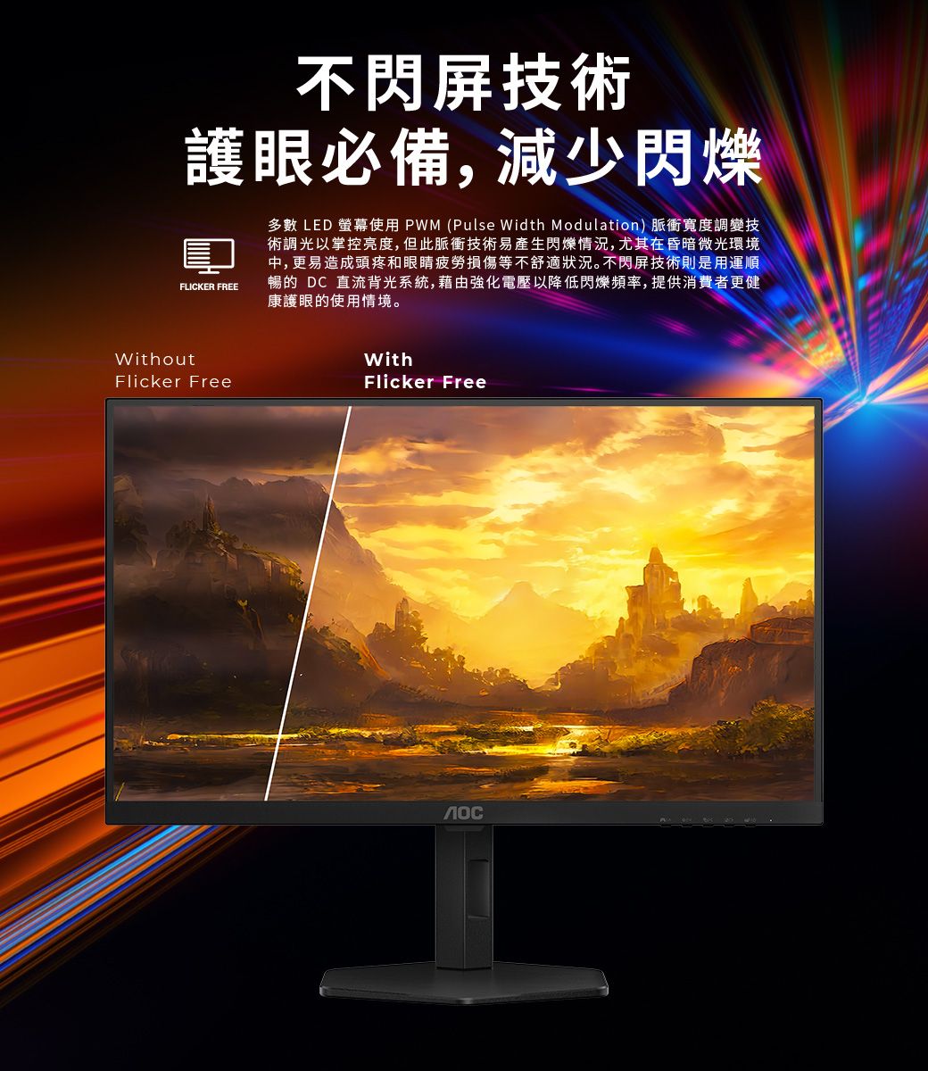 不閃屏技術護眼必備,減少閃爍FLICKER FREE多數 LED 螢幕使用PWM (Pulse Width Modulation) 脈衝寬度調變技術調光以掌控亮度,但此脈衝技術易產生閃爍情況,尤其在昏暗微光環境中,更易造成頭疼和眼睛疲勞損傷等不舒適狀況。不閃屏技術則是用運順暢的 DC 直流背光系統,藉由強化電壓以降低閃爍頻率,提供消費者更健康護眼的使用情境。WithoutFlicker FreeWithFlicker Free