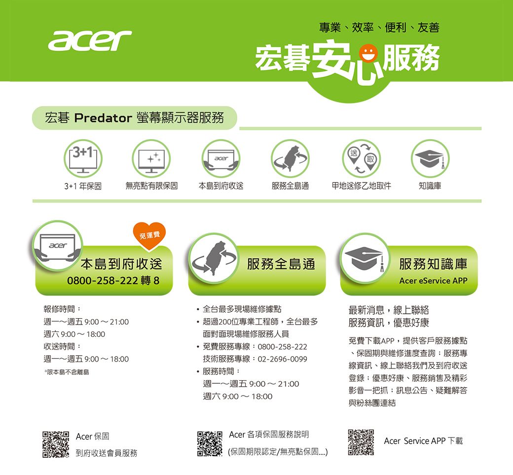 acer宏碁 Predator 螢幕顯示器專業、效率、便利、友善宏碁安心服務3+acer3+1年無亮點有限保固本島到府收送服務全島通地送修乙地取件知識庫免運費acer本島到府收送服務全島通0800-258-222 轉8報修時間全台最多現場維修據點週一~週五 900~2100週六9:00~18:00收送時間:週一~週五9:00~18:00限本島不含離島服務知識庫Acer eService APP超過200位專業工程師,全台最多面對面現場維修服務人員免費服務專線:0800-258-222技術服務專線:02-2696-0099服務時間:週一~週五 9:00~21:00週六9:00~18:00最新消息,線上聯絡服務資訊,優惠好康免費下載APP,提供客戶服務據點、保固期與維修進度查詢:服務專線資訊、線上聯絡我們及到府收送登錄:優惠好康、服務銷售及精彩影音一把抓:訊息公告、疑難解答與粉絲團連結Acer 保固Acer 各項保固服務說明到府收送會員服務(保固期限認定/無亮點保固Acer Service APP下載