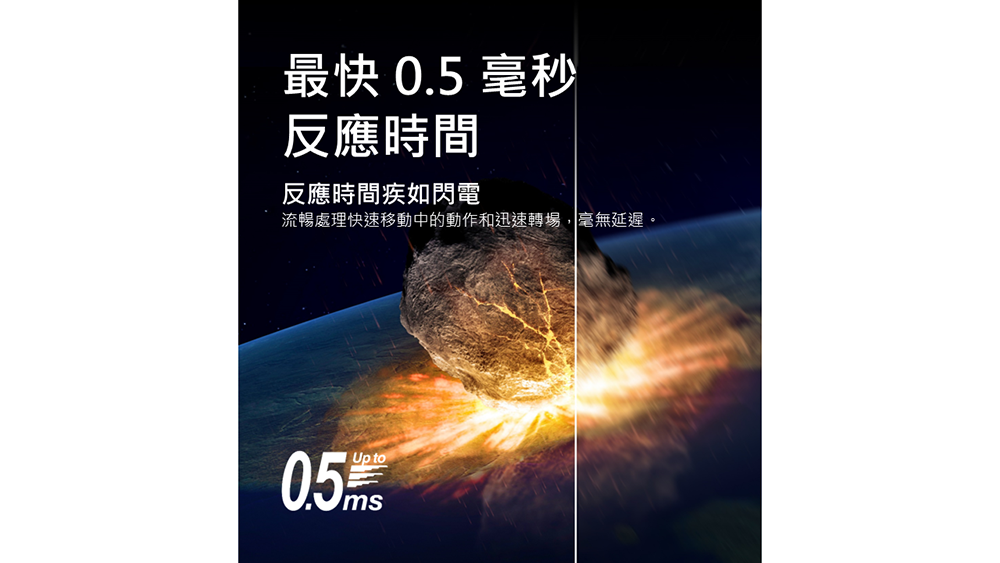 最快 0.5 毫秒反應時間反應時間疾如閃電流暢處理快速移動中的動作和迅速轉場,毫無延遲。Up to