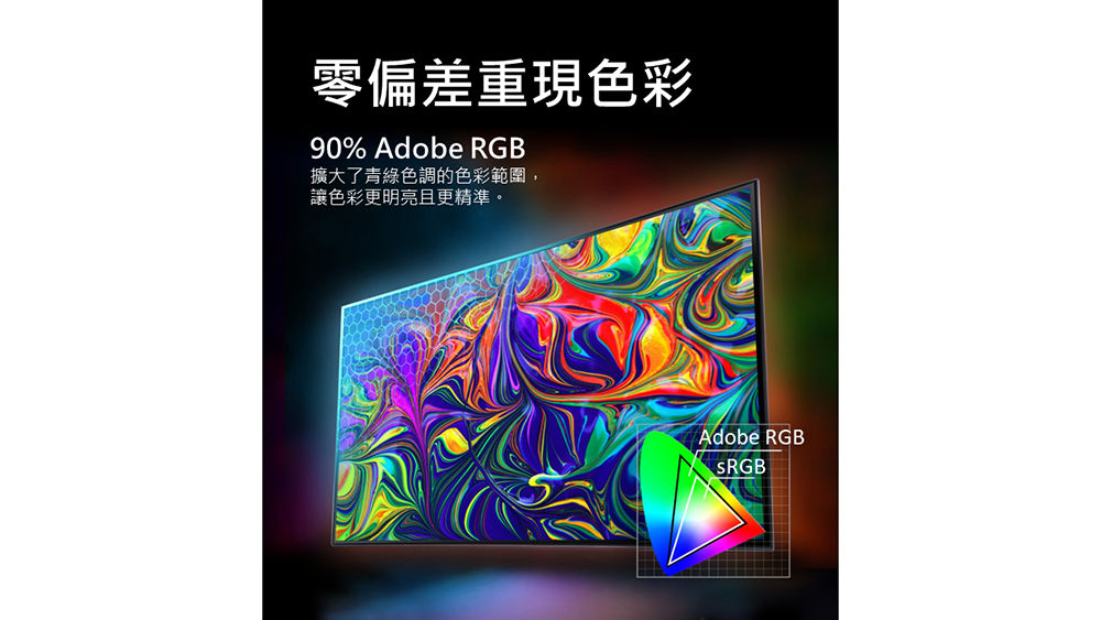 零偏差重現色彩90% Adobe RGB擴大了綠色調的色彩範圍,讓色彩更明亮且更精準。Adobe RGBSRGB