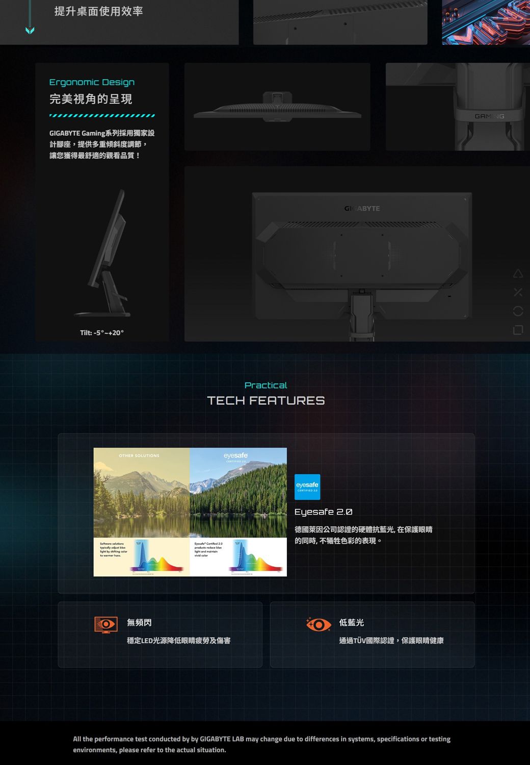 提升桌面使用效率Ergonomic Design完美視角的呈現 Gaming系列採用獨家設計腳座,提供多重傾斜度調節,讓您獲得最舒適的觀看品質!Tilt: -5°+20°PracticalTECH FETURESOTHER SOLUTIONSeyesafeGIGABYTE           reduce   eyesafe Eyesafe 2.0德國萊因公司認證的硬體抗藍光,在保護眼睛的同時, 不犧牲色彩的表現。無頻閃低藍光穩定LED光源降低眼睛疲勞及傷害通過TÜV國際認證,保護眼睛健康All the performance test conducted by by GIGABYTE LAB may change due to differences in systems, specifications or testingenvironments, please refer to the actual situation.GAMINGA
