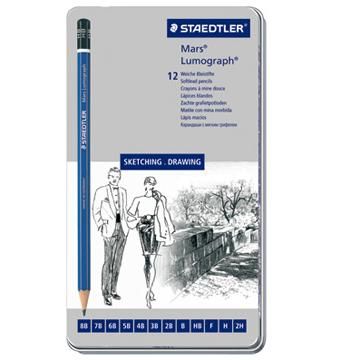 STAEDTLER 施德樓 Mars Lumograph 100頂級藍桿繪圖鉛筆 12支鐵盒鉛筆組