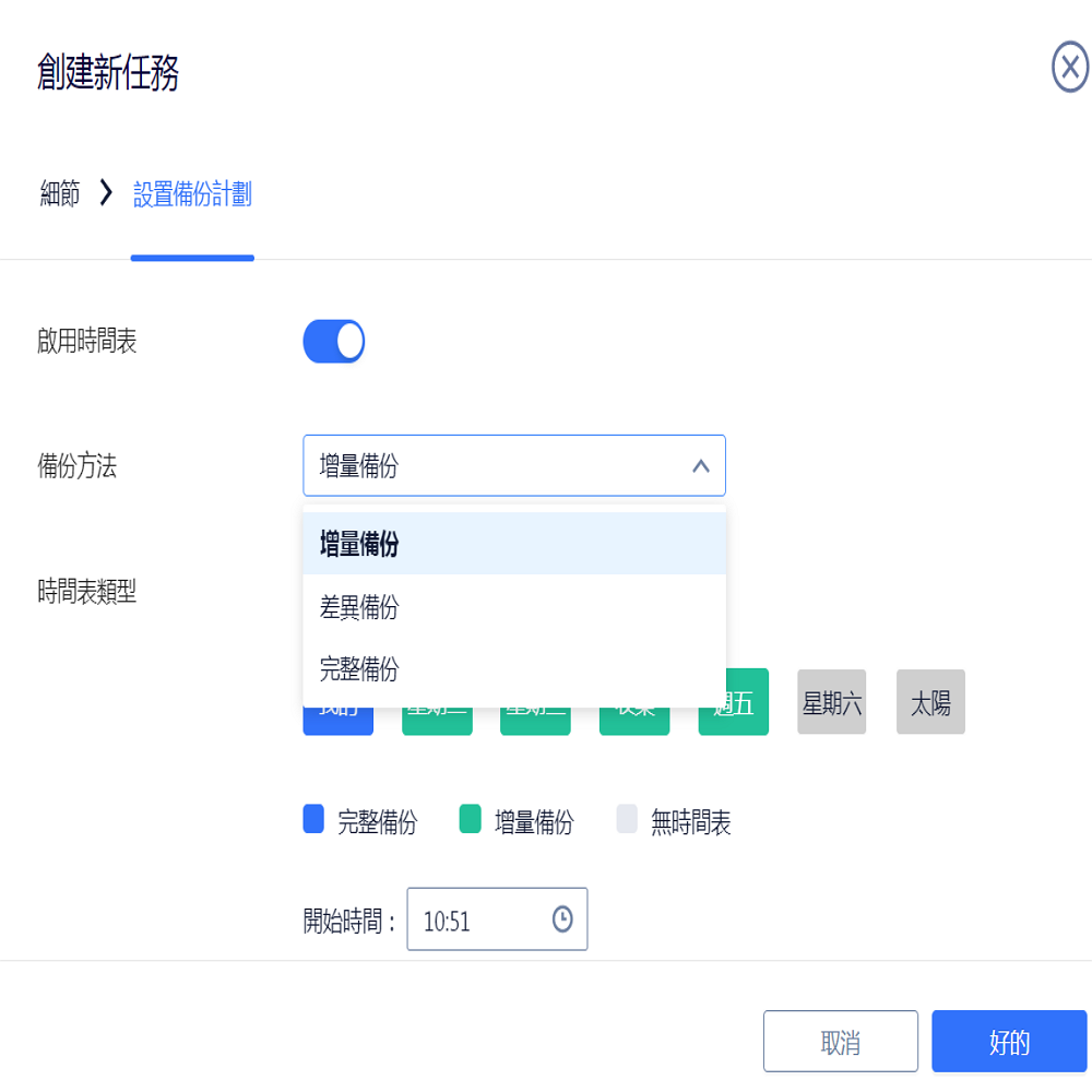 創建新任務細節 設置備份計劃啟用時間表備份方法增量備份增量備份時間表類型差異備份完整備份週五星期六太陽完整備份增量備份無時間表開始時間: 10:51取消好的