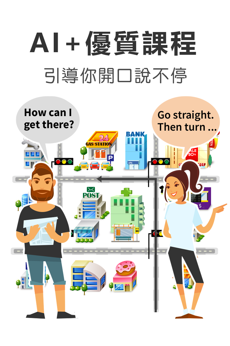 Al+優質課程引導你開口說不停How can Iget there?Go straight.Then turn BANKGAS STATIONPOSTALE50%