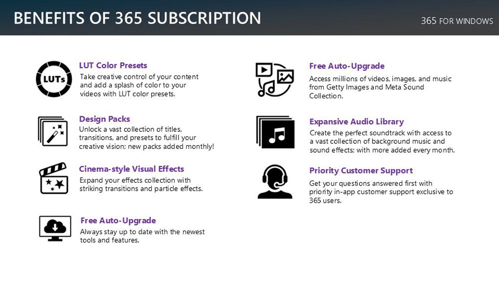 BENEFITS OF 365 SUBSCRIPTIONLUT Color PresetsLUTSTake creative control of your contentand add a splash of color to your365 FOR WINDOWSFree Auto-UpgradeAccess millions of videos images, and musicfrom Getty Images and Meta SoundCollectionvideos with LUT color presetsDesign PacksUnlock a vast collection of titles,transitions, and presets to fulfill yourcreative vision new packs added monthly!Cinema-style Visual EffectsExpand your effects collection withstriking transitions and particle effectsExpansive Audio LibraryCreate the perfect soundtrack with access toa vast collection of background music andsound effects with more added every monthPriority Customer SupportGet your questions answered first withpriority in-app customer support exclusive to365 usersFree Auto-UpgradeAlways stay up to date with the newesttools and features.