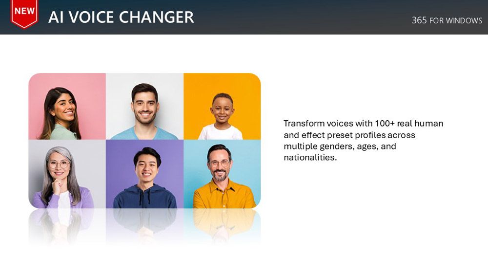 NEWAI VOICE CHANGER365 FOR WINDOWSTransform voices with 100+ real humanand effect preset profiles acrossmultiple genders, ages, andnationalities.