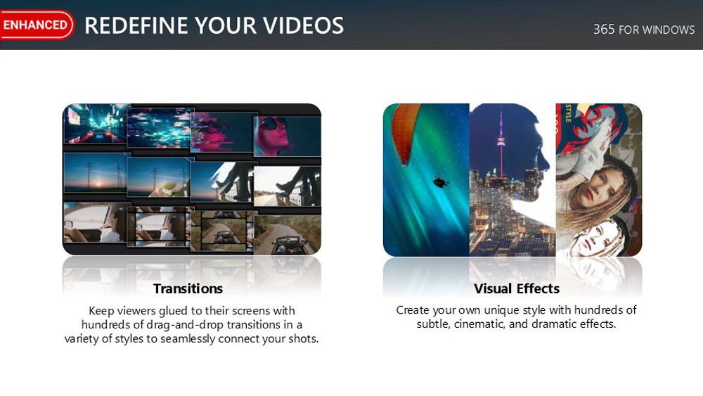 ENHANCED REDEFINE YOUR VIDEOS365 FOR WINDOWSTransitionsKeep viewers glued to their screens withhundreds of drag-and-drop transitions in avariety of styles to seamlessly connect your shotsVisual EffectsCreate your own unique style with hundreds ofsubtle, cinematic, and dramatic effects.