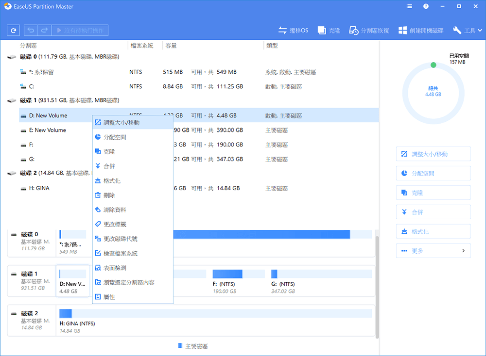 EsUS Partition Master    區恢復創建開機工具 √類型e沒有待執行操作分割區檔案系统容量磁碟 0 (11.79 GB基本磁碟MBR磁碟) 系保留NTFS515 MB可用共549 MB系統啟動主要磁區1 NTFS8.84 GB可用共 111.5 GB啟動主要磁區磁碟 1 (931.51 GB基本磁碟, MBR磁碟)D: New VolumeGB可用,共 4.48 GB啟動, 主要磁區調整大小/E: New Volume 分配空間F:克隆G:90 GB可用,共390.00 GB3GB 可用,共190.00 GB21 GB 可用,共347.03 GB主要磁區主要磁區主要磁區磁碟 2 (14.84 GB, 基本磁碟 格式化H: GINA6GB 可用,共14.84 GB主要磁區刪除清除資料 更改標籤- 磁碟基本磁碟 M. 更改磁碟代號:*?*111.79 GB549 MB 檢查檔案系統 表面檢測磁碟1基本磁碟 M.D: New Va 選定分割區內容F:(NTFS)G:(NTFS)931.51 GB4.48 GB190.00 GB347.03 GB屬性磁碟 2基本磁碟 M.14.84 GBH: GINA (NTFS)14.84 GB主要磁區總共4.48 GB 調整大小/移動分配空間克隆  格式化已用空間157 MB更多