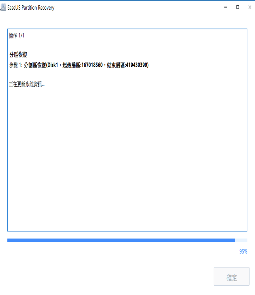 EaseUS Partition Recovery操作 1/1 分區恢復 步驟1:分割區恢復(Disk1起始扇區:167018560,結束扇區:419430399) 正在更新系統資確定95%