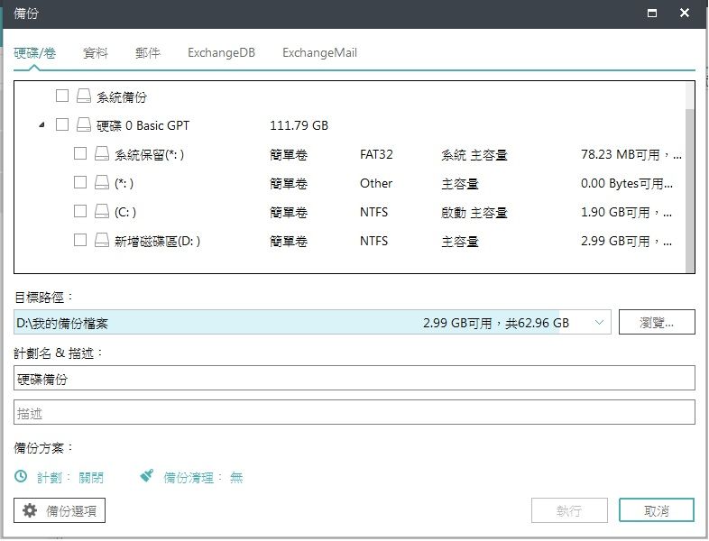 備份硬碟/卷資料 郵件 ExchangeB ExchangeMail目標路徑:系統備份硬碟  Basic GPT111.79 GB系統保留: 簡單卷FAT32系統 容量78.23 MB可用(*: )簡單卷Other主容量 Bytes可用(C:)簡單卷NTFS啟動 主容量1.90 GB可用, 新增磁碟區(D:)簡單卷NTFS主容量2.99 GB可用,D:\我的備份檔案計劃名 & 描述:硬碟備份2.99 GB可用,共62.96 GB瀏覽|描述備份方案:計劃: 關閉備份清理: 備份選項執行取消