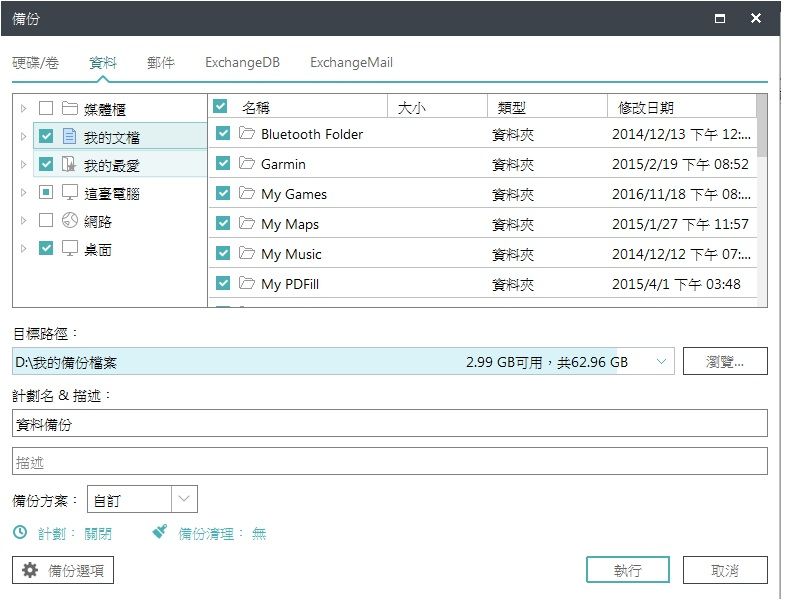 備份硬碟卷 資料郵件ExchangeB ExchangeMail媒體櫃我的文檔名稱Bluetooth older大小類型資料夾我的最愛Garmin這臺電腦My Games資料夾資料夾網路My Maps資料夾桌面My MusicMy PDill資料夾目標路徑D\我的備份檔案計劃名 & 描述資料備份描述資料夾修改日期2014/12/13  12:2015/2/19 下午 08:522016/11/18 F 08:2015/1/27 下午11:572014/12/12 F 07:2015/4/1 下午 03:482.99 GB可用,共62.96 GB瀏覽備份方案: 計劃: 關閉備份清理: 備份選項執行取消