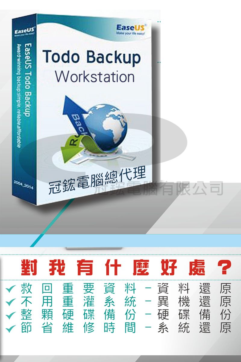 EaseUSTodo BackupWorkstationAwardwinning backupsimple EaseUS Todo BackupBack冠鋐電腦總代理電腦有限公司對我有什麼好處? 回 重要資料 資料還原用重灌系統 異機還原顆硬碟備份省-  硬碟備份維修時間-系統還原