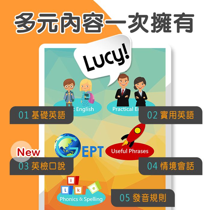 多元內容一次擁有Lucy!EnglishPractical Ei01 基礎英語02 實用英語New03 英檢口說LkEPT Useful Phrases04 情境會話Phonics & Spelling 05 發音規則