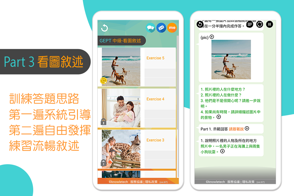 Part 3 看圖敘述GEPT 中級-看圖敘述Exercise 5一分半鐘內完成作答。mepic)1. 照片裡的人在什麼地方?訓練答題思路2. 照片裡的人在做什麼?Exercise 43. 他們是不是很開心呢?請進一步明。第一遍系統引導第二遍自由發揮4. 如果尚有時間,請詳細描述圖片中的景物Part 1. 示範回答 請說 Exercise 3練習流暢敘述1. 說明照片裡的人物及所在的地方照片中,一名男子正在海灘上與兩隻小狗玩耍©knowletech 服務協議|隱私政策 ()©knowletech 服務協議 隱私政策 ()
