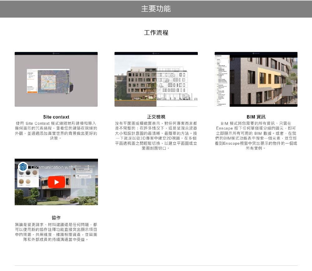 主要功能工作流程Site context使用 Site Context 模式縮短地形建模和導入幾何圖形的冗長過程查看您的建築在現場的外觀並通過添加真實世界的背景做出更好的決策正交檢視沒有平面圖或表示對任何專案而言都是不完整的;在許多情況下,這是呈現示波器大小和設計意圖的最清晰、最簡單的方法。按一下就足以從3D專案中建立2D視圖。在多個平面透視圖之間輕鬆切換,以建立平面圖或立面圖剖面切口。BIM 資訊BIM 模式將您需要的所有資訊,只需在nscape 按下任何單個或分組的圖元,即可立即顯示所有可用的 BIM 數據。或者,在我們的BIM模式功能表中元素,並立即看到Enscape視窗中突出顯示的物件的一個或所有實例。Communication with E協作無論是變更請求、材料建議還是任何問題,都可以使用新的協作註釋功能直接突出顯示項目中的問題。共用進度,維護相關資產,並與團隊和外部成員的持續溝通當中受益。