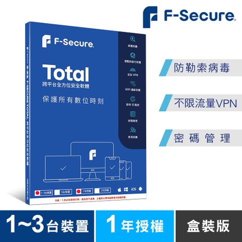 F-Secure 芬-安全 TOTAL 跨平台全方位安全軟體1~3台裝置1年授權-盒裝版