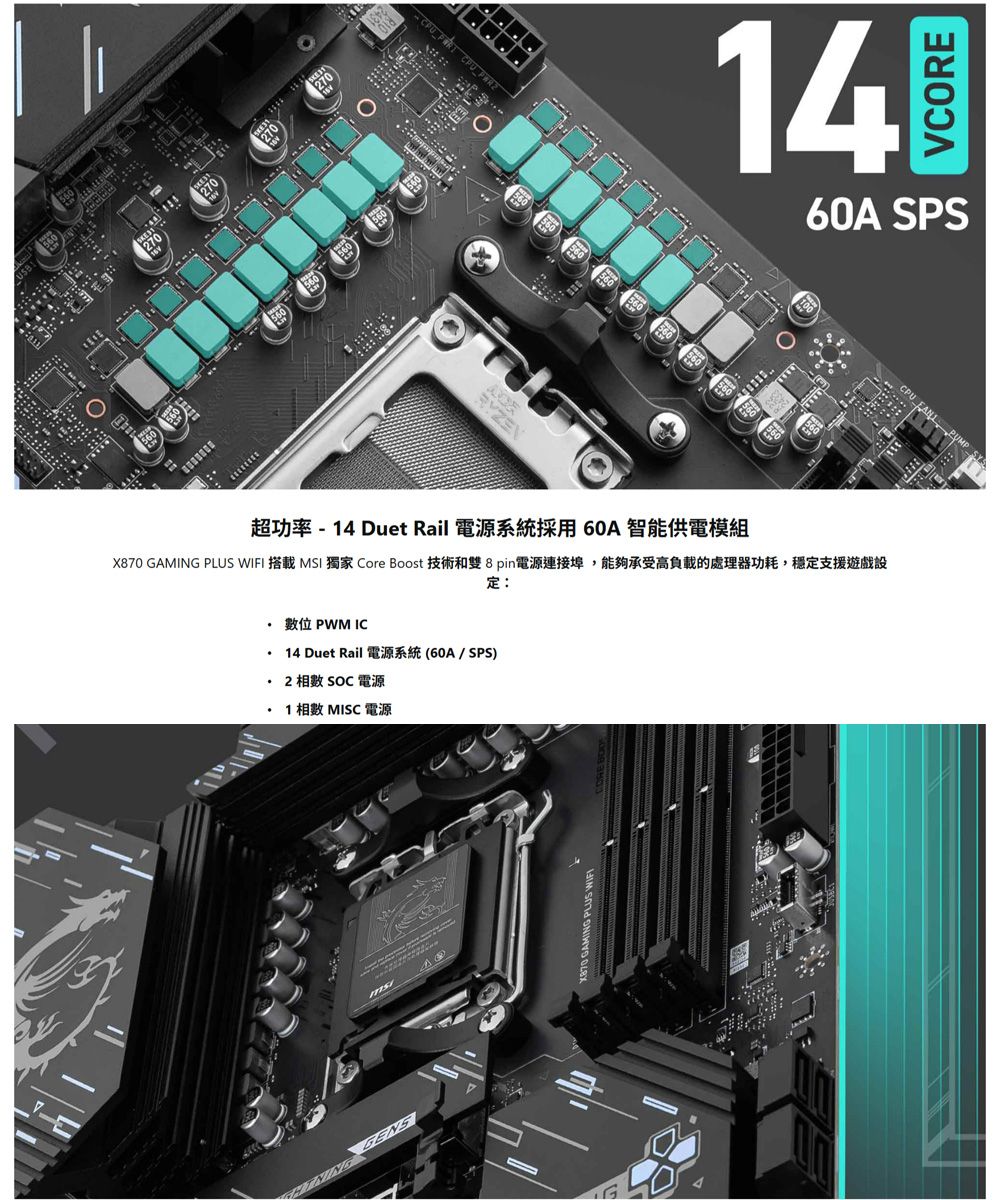 270270560 560560  CPU 560560560COREVCO60 SPS超功率 - 14 Duet Rail 電源系統採用60A 智能供電模組X870 GAMING PLUS WIFI 搭載 MSI 獨家 Core Boost 技術和雙 8pin電源連接埠,能夠承受高負載的處理器功耗,穩定支援遊戲設定: 數位 PWM IC14 Duet Rail A (60A / SPS)2 相數  電源1 相數 MISC 電源GENS