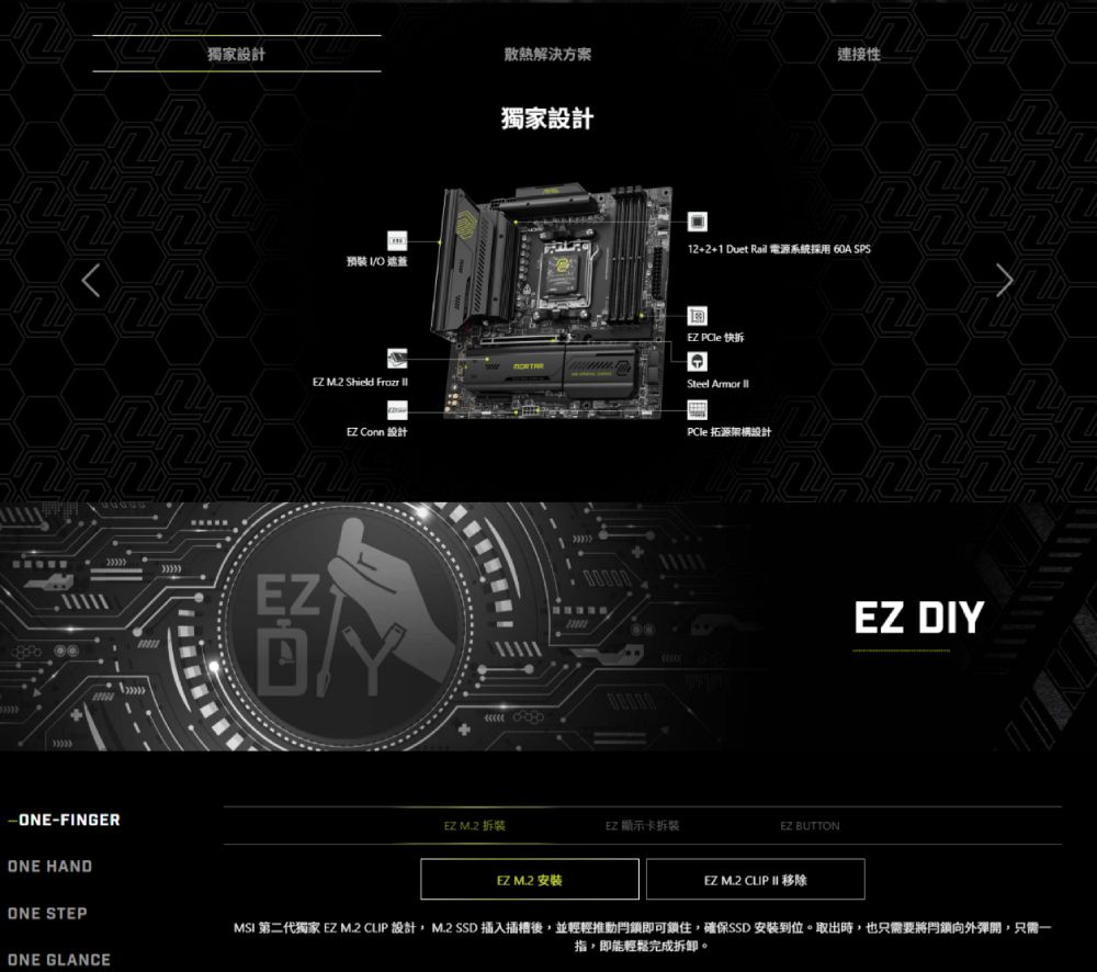 獨家設計散熱解決方案連接性預裝  獨家設計 M.2 Shield Frozr EZ Conn 設計12+2+1 Duet Rail 電源系統  SPSEZ  快拆Steel Armor PCle 拓源架構設計EZEZ DIY-ONE-FINGERONE HANDONE STEPONE GLANCEEZ M.2 拆裝EZ 顯示卡拆裝EZ BUTTONEZ M.2 安装EZ M.2 CUP  移除MSI 第二代獨家 EZ M.2 CLIP 設計, M.2 SSD 插入插槽後,並輕輕推動即可鎖住,確保SSD 安裝到位。取出時,也只需要將向外彈開,只需一指,即能輕鬆完成拆卸。