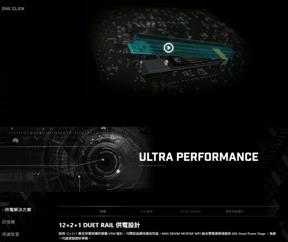 ONE CLICK11111010 01010110101010101ULTRA PERFORMANCE-供電解決方案架構PCB 設計EZ OC TUNING更多效能優化記憶體12+2+1 DUET RAIL 供電設計保護裝置採用 12+2+1 數位供電架構的旗艦 VRM 設計,可釋放並維持最佳性能。MAG B850M MORTAR WIFI 結合雙電源連接器和 60A Smart Power Stage,為新一代處理器做好準備。