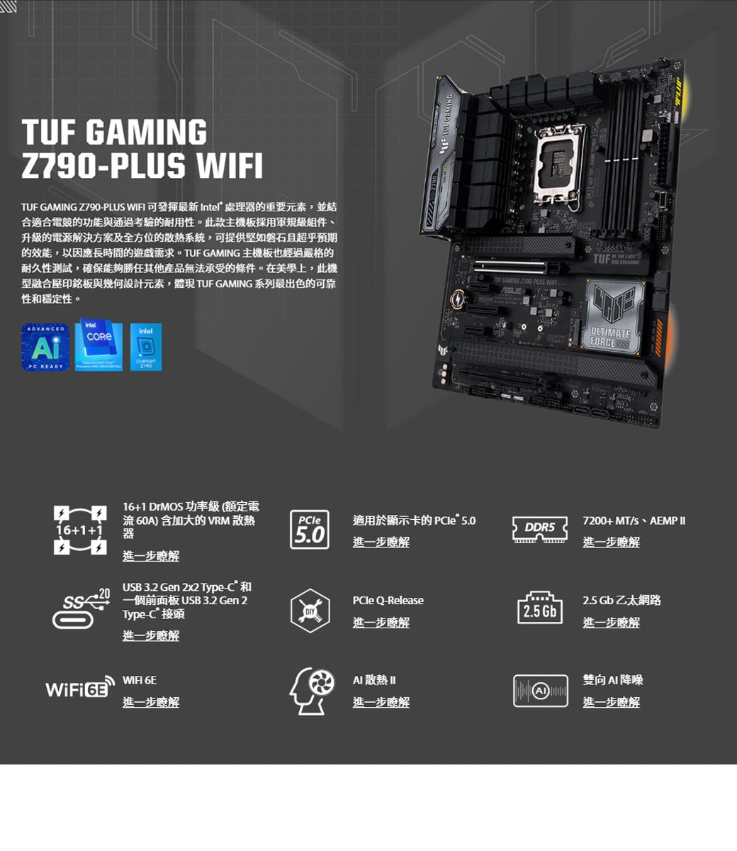 TUF Z790-PLUS WIFITUF GAMING Z790-PLUS WIFI 可發揮 Intel處理的重要元素,並結合適合電競的功能與通過考驗的耐用性。此款主機板採用軍規級組件、升級的電源解決方案及全方位的散熱系統,可提供堅如磐石且超乎預期的效能,以因應長時間的遊戲需求。TUF GAMING主機板也經過嚴格的耐久性測試,確保能夠勝任其他產品無法承受的條件。在美學上,此機型融合壓印銘板與幾何設計元素,體現 TUF GAMING 系列最出色的可靠性穩定性。 GAMING  PLUS TUFVANEDintel READY ULTIMATEFORCE16+1+116+1  功率級(額定電60A)含加大的 VRM 散熱器適用於顯示卡的  5.07200+ MT/S、AEMP 5.0DDR5進一步進一步瞭解進一步解USB 3.2 Gen 2x2 Type-C和一個前面板USB 3.2 Gen 2 Q-Release Gb乙太網路Type- 接頭2.5 Gb進一步瞭解進一步瞭解進一步瞭解WIFI 6E 散熱 II雙向 AD進一步瞭解進一步瞭解進一步瞭解