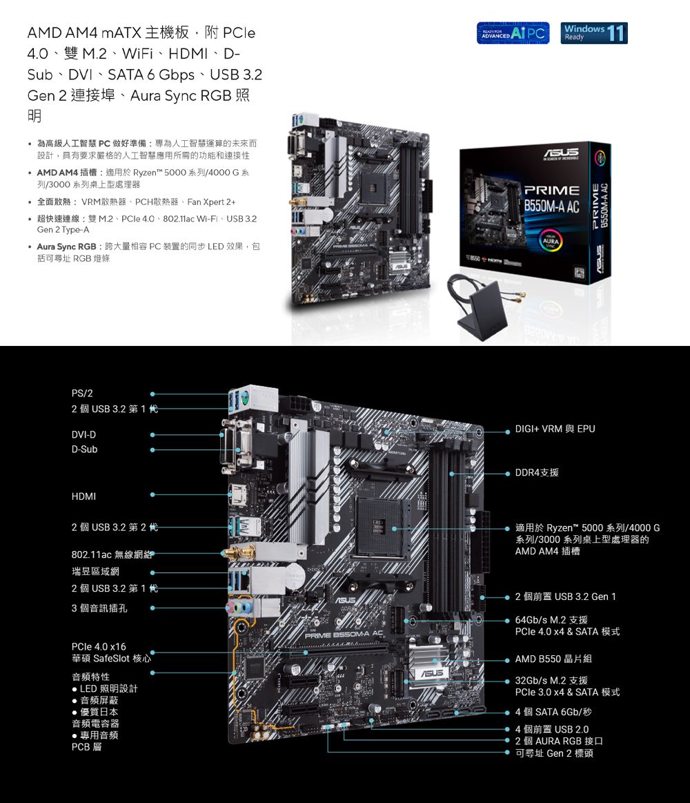 AMD AM4 MATX 主機板 4.0雙 M.WiFi、HDMI、DSub、DVI、SATA 6Gbps、USB Gen 2 連接埠、Aura Sync RGB照為高級人工智慧 PC做好準備專為人工智慧運算的未來而設計,具有要求嚴格的人工智慧應用所需的功能和連接性AMD AM4 插槽:適用於 Ryzen 5000列/4000 G系列/3000系列桌上型處理器散熱:VRM散熱器、PCH散熱器、Fan Xpert 2+超快速連線:雙M.2、PCle  Wi-Fi、USB 3.2Gen 2 Type-AAura Sync RGB:跨大量相容PC裝置的同步LED效果,包括可 RGB 燈條PS/22 個USB 3.2DVI-DD-SubHDMI2 個USB 3.2 2802.ac 無線網瑞昱區域網2 個USB 3.2 第13個音訊插孔PCle 4.0 x16華碩 SafeSlot 核心音頻特性 LED 照明設計 音頻屏蔽優質日本音頻電容器●音頻PCB PRIME -A AC ADVANCEDReady 11PRIME-A ACAURADIGI+ VRM 與 EPUDDR4支援PRIME-A AC適用於 Ryzen™ 5000系列/4000 G系列/3000 系列桌上型處理器的AMD AM4 插槽2 個前置 USB 3.2 Gen 164Gb/s M.2 支援PCle 4.0 x4 & SATA 模式AMD B550晶片組32Gb/s M.2 支援 3.0 x4 & SATA 模式4個SATA 6Gb/秒4 個前置 USB 2.02 個 AURA RGB 接口可尋址 Gen 2 標頭
