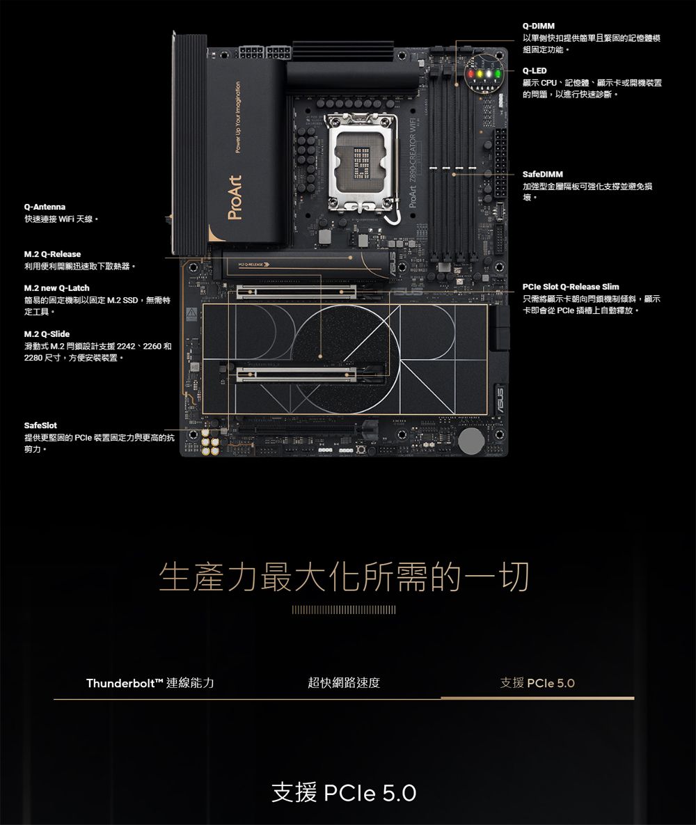 Antenna快速連接 WiFi 天線M.2 QRelease利用便利開關迅速取下散熱器M.2 new Q-Latch的機制以固定 M.2 SSD,無需特定工具M.2 Q-Slide滑動式 M.2 鎖設計支援 2242、2260 和2280 尺寸,方便安裝裝置SafeSlot提供更堅固的 PCle 裝置固定力與更高的抗剪力。ProArtPower Up Your Imagination-Q-生產力最大化所需的一切Q-DIMM以單側快扣提供且緊固的記憶體模組固定功能。Q-LED顯示 CPU、記憶體、顯示卡或開機裝置的問題,以進行快速診斷。SafeDIMM加強型隔板可強化支撐並避免損。PCle Slot Q-Release Slim只需將顯示卡朝向門鎖機制傾斜,顯示卡即會從 PCle 上自動釋放。Thunderbolt™ 連線能力超快網路速度支援 PCle 支援 PCle 5.0