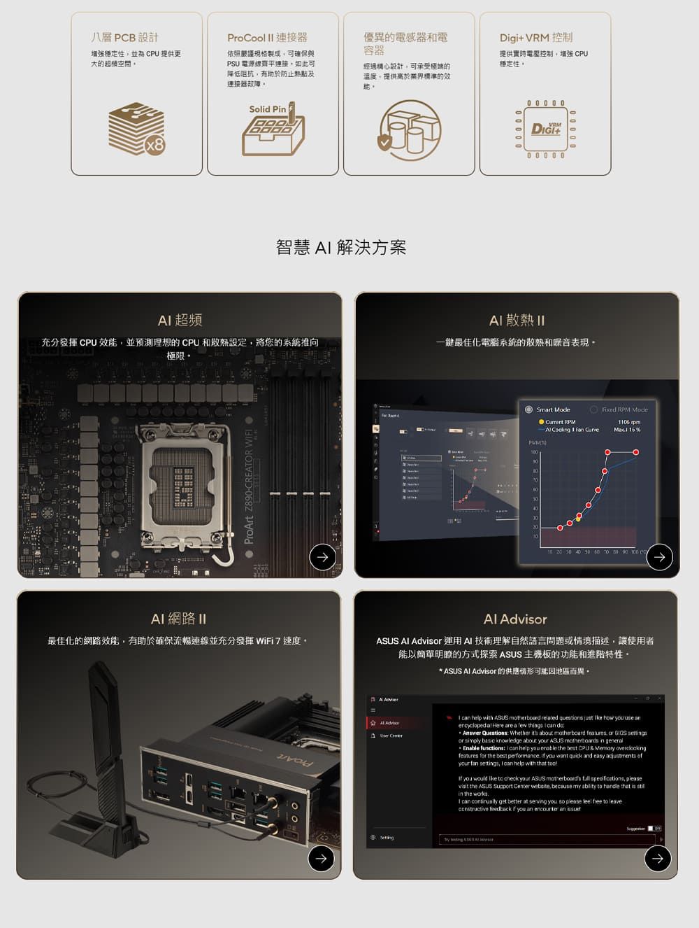 八層 PCB 設計ProCool  連接器增強穩定性並為 CPU 提供更大的空間依照嚴謹規格製成可確保與PSU 電源線平連接如此可降低阻抗有助於防止點及連接器故障優異的電感器和電容器經過精心設計可承受的溫度提供高於標準的效Digi VRM 控制提供實時控制,增強 CPU穩定性超頻Solid P智慧  解決方案    +0 0 0 0 0散熱 充分發揮 CPU 效能,並預測理想的 CPU 和散熱設定,將您的系統推向極限。一鍵最佳化電腦系統的散熱和噪音表現。 ProArt Z8CREAR WFI最佳化的網路效能,有助於確保流暢連線並充分發揮 WiFi7 速度。-Smart  RPM Mode RPM6pm  1 F Ma 16%0TO101010  30 40     90 100 c Adv AI Advis 運用AI技術理解自然語言問題或情境描述,讓使用者能以簡單明瞭的方式探索  主機板的功能和進階特性。*  AI Advisor的供應情形可能因地區而異。A  I   with ASUS   questions   how you use an Here area few thgs can de Questions Whether its about motherboard features, or  settingsor simply  knowledge about your ASUS matherboards in Enable functions I can help you enable the best CPU & Memory features for the best performance  you want  and easy  ofyour fan settings, I can help with that  you would  to check your ASUS   specications, pleasevisit the ASUS Support Center website, because my  to handle that is in the worksI can continually get better at serving you so please  free to leave feedback if you an encounter an