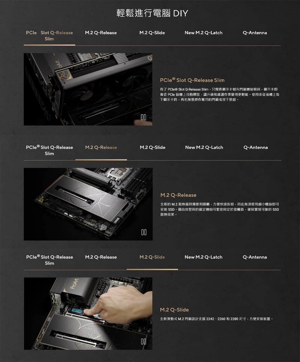 輕鬆進行電腦 DIYPCle Slot Q-ReleaseM.2 Q-ReleaseM.2 Q-SlideNew M.2 Q-LatchQ-AntennaSlimPCle  Slot Q-Release M.2 Q-ReleaseSlimPCle  Slot Q-Release M.2 Q-ReleaseSlim0000PCle  Slot Q-Release Slim有了 PCle® Slot Q-Release Slim只需將顯示卡朝向傾斜,顯示卡即會  插槽上自動釋放,讓升級和維護作業變得更輕鬆使者從插槽上取下顯示卡時,再也無需操作難用的或按下按鈕M.2 Q-SlideNew M.2 Q-LatchQ-AntennaM.2 Q-Release全新的 M.2 散熱器具備開關,方便快速拆卸,因此無須使用細小螺絲即可安裝 SSD。藉由其堅固的鎖定機制可緊密固定於接觸面,確保實現可靠的 SSD散熱效果。M.2 Q-SlideNew M.2 Q-LatchQ-AntennaM.2 Q-Slide全新滑動式 M.2 鎖設計支援2242、2260和2280尺寸,方便安裝裝置。