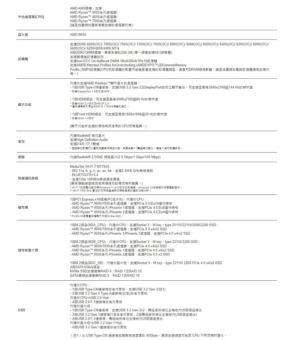 中央CPU晶片组記憶網路無線訊充儲存装置介面USBAMD AM5AMD Ryze  900系列處理器AMD Ryzen™ 3000系列處理器AMD Ryzen t™ 000系列處理器(至技嘉網站查詢有關援處理器列AMD B650支援DDR5 8000(OC800(OC7600(OC)7200(OC)/7000(OC)/6800(OC)/6666(OC)/6600(OC)/6400(OC)/6200(OC)/6000(OC)/5600(OC)/5200/4800/4400 /s4個DDR5 DIMM槽支援到256GB (支援64 GB)支援通道記憶體技術支援nonECC Unbuffered DIMM 1R/2Rx8/1Rx16記憶體AMDEXtended Profiles forOverclockin ()ExtremeMemoryProfile (XMP)記憶體(CPU和記憶體配置會影響支援記憶體類型、速和DRAM模組請至技嘉網站查詢記憶體模組支援列表)支援AMD Radeon™顯示晶片處理器: 1個USB Type支援USB 32 Gen 2DisplayPort技術之顯示可支援至3840x2160@144Hz的解析度 支援Display Port  1個座可支援至最高4096x2160@60 Hz的解析度HDMI 2.1HDCP 支HDMI 2.1 的- 1個Front HDMI插座可支援至最高1920x1080@30Hz的解析度 支援HDMI 1.4(顯示所支援的使用的CPU而有差異)Realtek® 晶片支援High Definition Audio支援2/4/5.1/ 功能7.1音效輸出音效Realtek® 2.5GbE 網路晶片(2.5 Gbps/1 Gbps/100 Mbps)MediaTek Wi- 7 MT7925- 802.11a b. g. n  ax be 支援2.4/5/6 GHz無線- BLUETOOTH 5.4- 支援11be 160MHz無線通信標準(傳輸速度使用環境設備而有所差異)* Wi-Fi 7的功能Windows 11 SV3的支度Windows 10動** Wi-Fi 70 GHz 載波的仰的通法規允。1個PCI Express x16插(PCIEX16),於CPU:- AMD Ryzent™ 9000/7000系列處理器,支援PCle 5.0x16規格- AMD Ryzen t™ 8000系列-Phoenix1處理器,支援PCle 及x8規格- AMD Ryzent™ 8000系列-Phoenix 2處理器,支援PCle 4.0及x4運作規格* PCIEX16插顯示卡或NVMe SSD,1個M.2插座(M2A_CPU),於CPU,支援Socket 3,M key,type 25110/22110/2580/2280 SSD :- AMD Ryzent™ 9000/7000系列處理器,支援PCle 5.0 x4/x2 SSD- AMD Ryzent™ 8000系列-Phoenix 1/Phoenix 2處理器,支援PCle 4.0 x4/x2 SSD1個M.2插座(M2B_CPU),於CPU,支援Socket 3,M key,type 22110/2280 SSD :- AMD Ryzent™ 9000/7000系列處理器,支援PCle 4.0 x4/x2 SSD- AMD Ryzent™ 8000系列-Phoenix 1處理器,支援PCle 4.0 x4/x2 SSD- AMD Ryzent™ 8000系列-Phoenix 2處理器,支援PCle4.0x2 SSD1個M.2插座(M2C_SB),於晶片組,支援Socket 3M key,type 22110/ 2280 PCle 4.0 x4/x2 SSD4個SATA 6Gb/s插座NVMe SSD支援RAID 0、RAID 1及RAID 10SATA硬碟支援建RAID 0、RAID 1及RAID 10建於CPU:- 1個USB Type-連接後方面板,支援USB  Gen 2(註1)-2個USB3.2 Gen 2 Type-A連接(紅色)後方面板內建於CPU+USB 2.0 Hub:-4個USB2.0/1.1連接在後方面板內建於晶片組:- 1個USB Type-C®連接,支援USB 3.2 Gen 2x2,經由排線從主機板內USB插座接出- 3個USB 3.2 Gen 1連接(1個在後方面板,2個經由排線從主機板內USB插座接出)-4個USB 2.0/1.1連接,經由排線從主機板內USB插座接出內建於晶片組+USB3.2Gen1 Hub:-4個USB3.2 Gen 1連接在後方面板(註1) USB Type-C® 連接埠支援最高速度達到 40Gbps。實際支援速度可能 CPU 不同而有所變化。