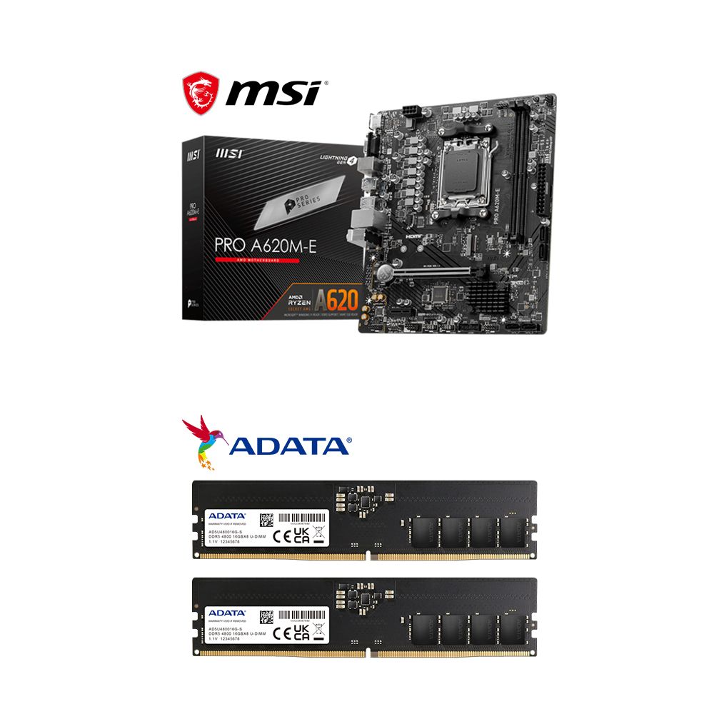 MSI 微星  PRO A620M-E 主機板+威剛 DDR5-4800 8GB (記憶體x2支)