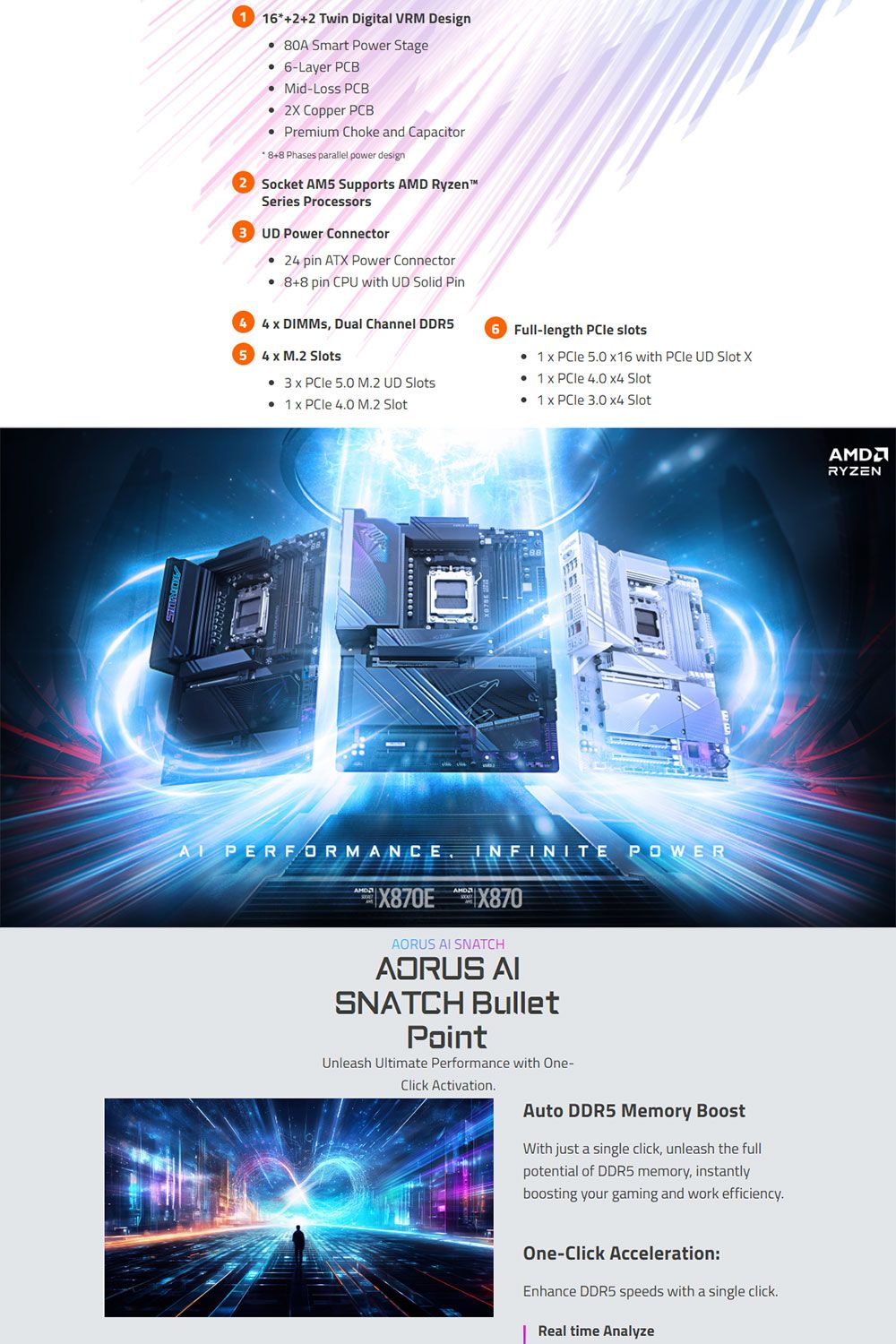 16+2 Twin Digital VRM Design80A Smart Power Stage6-Layer PCBMid-Loss PCB2 Copper PCBPremium Choke and Capacitor8+8 Phases parallel power design2 Socket AM5 Supports AMD RyzenSeries Processors3 UD Power Connector24 pin ATX Power Connector+8 pin CPU with UD Solid Pin44   Dual Channel DDR55 4 x M2 Slots6 Full-length  slots1 x PCle 50 x16 with PCle UD Slot X3 x PCle 50 M.2 UD Slots1 x PCle 4.0  Slot1 x PCle 4.0 M.2 Slot1 x  3.0  SlotA PERFORMANCE, INFINITE POWER  AI SNATCHAORUS AISNATCH BulletPointUnleash Ultimate Performance with One-Click Activation.AMDRYZENAuto DDR5 Memory BoostWith just a single click, unleash the fullpotential of DDR5 memory, instantlyboosting your gaming and work efficiency.One-Click Acceleration:Enhance DDR5 speeds with a single click.Real time Analyze