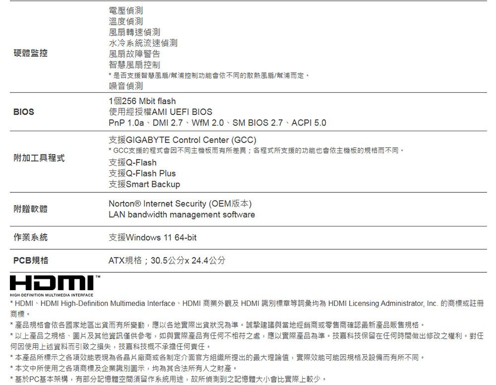 電壓偵測溫度偵測風扇轉速偵測水冷系統流速偵測硬體監控BIOS附加工具程式風扇故障警告智慧風扇控制* 是否支援智慧風扇/幫浦控制功能會依不同的散熱風扇/幫浦而定噪音偵測1個256bit flash使用經授權AMI UEFI BIOSPnP 1.0aDMI 2.7、WfM 2.0、SM BIOS 2.7、ACPI 5.0支援GIGABYTE Control Center (GCC)* GCC支援的程式會因不同主機板而有所差異;各程式所支援的功能也會依主機板的規格而不同。支援QFlash支援Q-Flash Plus支援Smart BackupNorton® Internet Security (OEM版本)附贈軟體LAN bandwidth management software作業系統支援Windows 11 64-bitPCB規格HDMIMATX規格;30.5公分x24.4公分HIGH-DEFINITION MULTIMEDIA INTERFACE* HDMI、HDMI High-Definition Multimedia Interface、HDMI 商業外觀及HDMI 識別標章等詞彙均為 HDMI Licensing Administrator, Inc. 的商標或註冊商標。* 產品規格會依各國家地區出貨而有所變動,應以各地實際出貨狀況為準。建議與當地經銷商或零售商確認最新產品販售規格。* 以上產品之規格、圖片及其他資訊僅供參考,如與實際產品有任何不相符之處,應以實際產品為準。技嘉科技保留在任何時間做出修改之權利。對任何因使用上述資料而引致之損失,技嘉科技概不承擔任何責任。* 本產品所標示之各項效能表現為各晶片廠商或各制定介面官方組織所提出的最大理論值,實際效能可能因規格及設備而有所不同。* 本文中所使用之各項商標及企業識別圖示,均為其合法所有人之財產。基於PC基本架構,有部分記憶體空間須留作系統用途,故所偵測到之記憶體大小會比實際上較少。