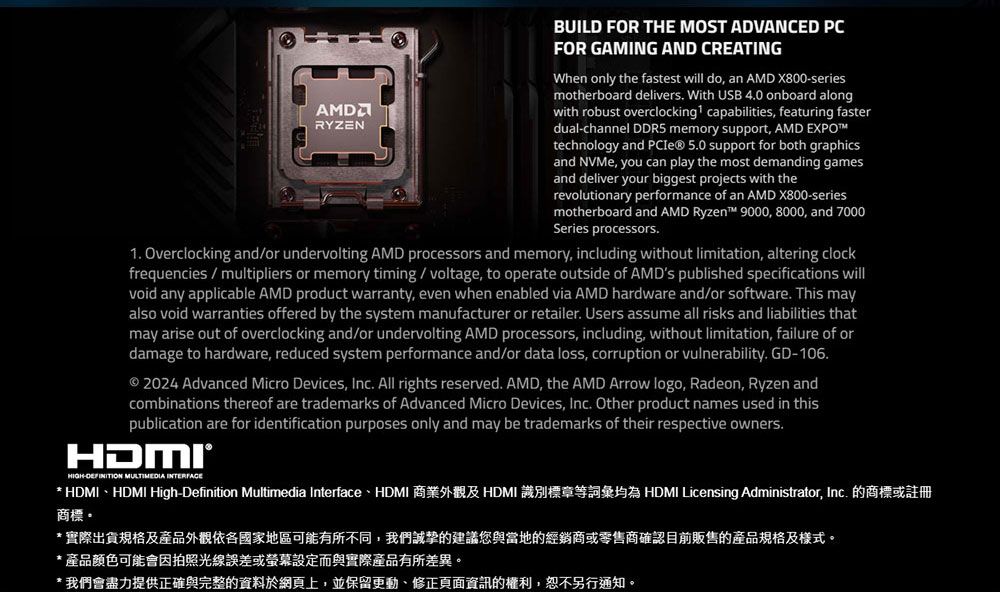 AMDRYZENBUILD FOR THE MOST ADVANCED PCFOR GAMING AND CREATINGWhen only the fastest will do an AMD X800seriesmotherboard delivers With USB 40 onboard alongwith robust overclocking capabilities featuring fasterdual-channel DDR5 memory support AMD EXPOtechnology and  50 support for both graphicsand NVMe, you can play the most demanding gamesand deliver your biggest projects with therevolutionary performance of an AMD X800-seriesmotherboard and AMD Ryzen 9000, 8000, and 7000Series processors1. Overclocking andor undervolting AMD processors and memory, including without limitation, altering clockfrequencies / multipliers or memory timing/voltage, to operate outside of AMDs published specifications willvoid any applicable AMD product warranty, even when enabled via AMD hardware and/or software. This mayalso void warranties offered by the system manufacturer or retailer. Users assume all risks and liabilities thatmay arise out of overclocking and/or undervolting AMD processors, including, without limitation, failure of ordamage to hardware, reduced system performance and/or data loss, corruption or vulnerability. GD-106. 2024 Advanced Micro Devices,  All rights reserved. AMD, the AMD Arrow logo, Radeon, Ryzen andcombinations thereof are trademarks of Advanced Micro Devices, Inc. Other product names used in thispublication are for identification purposes only and may be trademarks of their respective owners.HIGH- MULTIMEDIA    High-Definition Multimedia Interface HDMI HDMI HDMI Licensing Administrator, Inc.商標。實際出貨規格及產品外觀依各國家地區可能有所不同,我們誠摯的建議您與當地的經銷商或零售商確認目前販售的產品規格及樣式。產品顏色可能會因拍照光線誤差或設定而與實際產品有所差異。* 我們會盡力提供正確與完整的資料於網頁上,並保留更動、修正頁面資訊的權利,恕不另行通知。