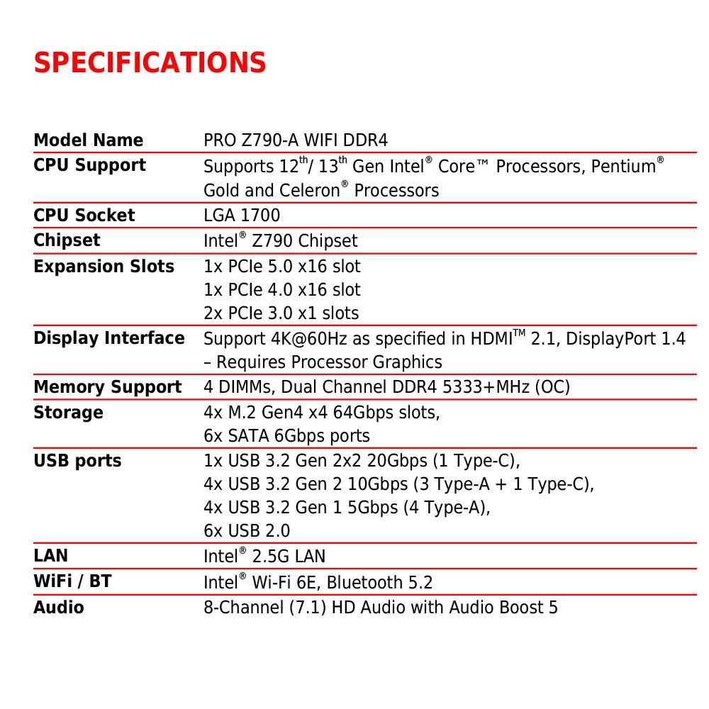 SPEIFICATIONSModel NamePRO Z790A WIFI DDR4CPU SupportSupports  13th Gen  Core Processors Pentium®Gold and Celeron® ProcessorsLGA 1700 Z790 ChipsetCPU SocketChipsetExpansion Slots PCle 5.0  slot1x  4.0 6 slot2x  3.0 x1 slotsDisplay Interface Support 4K@60Hz as specified in HDMI 2.1, DisplayPort 1.4- Requires Processor GraphicsMemory Support 4 DIMMS, Dual Channel DDR4 5333 (OC)StorageUSB portsLANFi / BTAudio M.2 Gen4 x4 64Gbps slots, SATA 6Gbps ports1x USB 3.2 Gen 2x2 20Gbps (1 Type-C), USB 3.2 Gen 2 10Gbps (3 Type-A + 1 Type-C), USB 3.2 Gen 1 5Gbps (4 Type-A),6x USB 2.0Intel® 2.5G LANIntel® Wi-Fi 6E, Bluetooth 5.28-Channel (7.1) HD Audio with Audio Boost 5