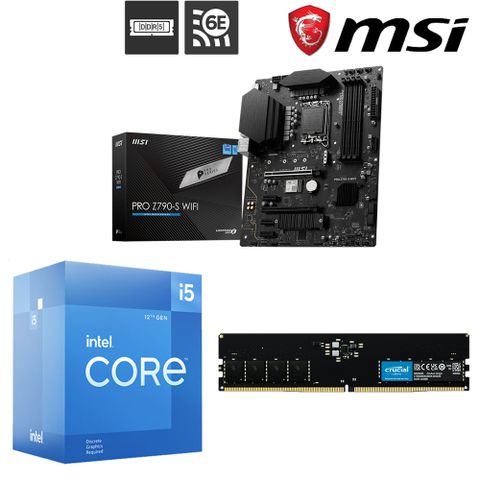 MSI 微星 Intel Core 12代  i5-12400F 六核心+PRO Z790-S WIFI +美光 16G DDR5-5600 記憶體  組合包