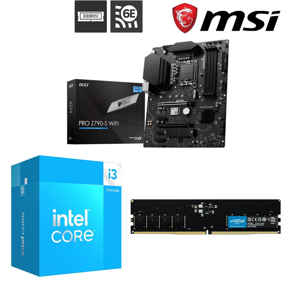 MSI 微星 Intel Core 14代  I3-14100 四核心+PRO Z790-S WIFI +美光 16G DDR5-5600 記憶體  組合包