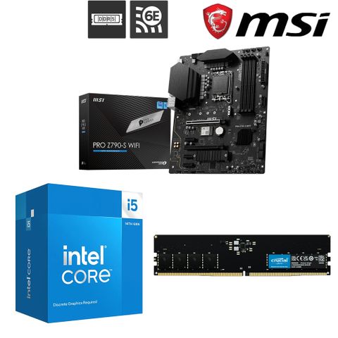 MSI 微星 Intel Core 14代 I5-14400F 十核心+PRO Z790-S WIFI +美光 16G DDR5-5600 記憶體  組合包