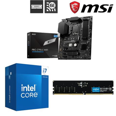 MSI 微星 Intel Core 14代 I7-14700F 二十核心+PRO Z790-S WIFI +美光 16G DDR5-5600 記憶體  組合包