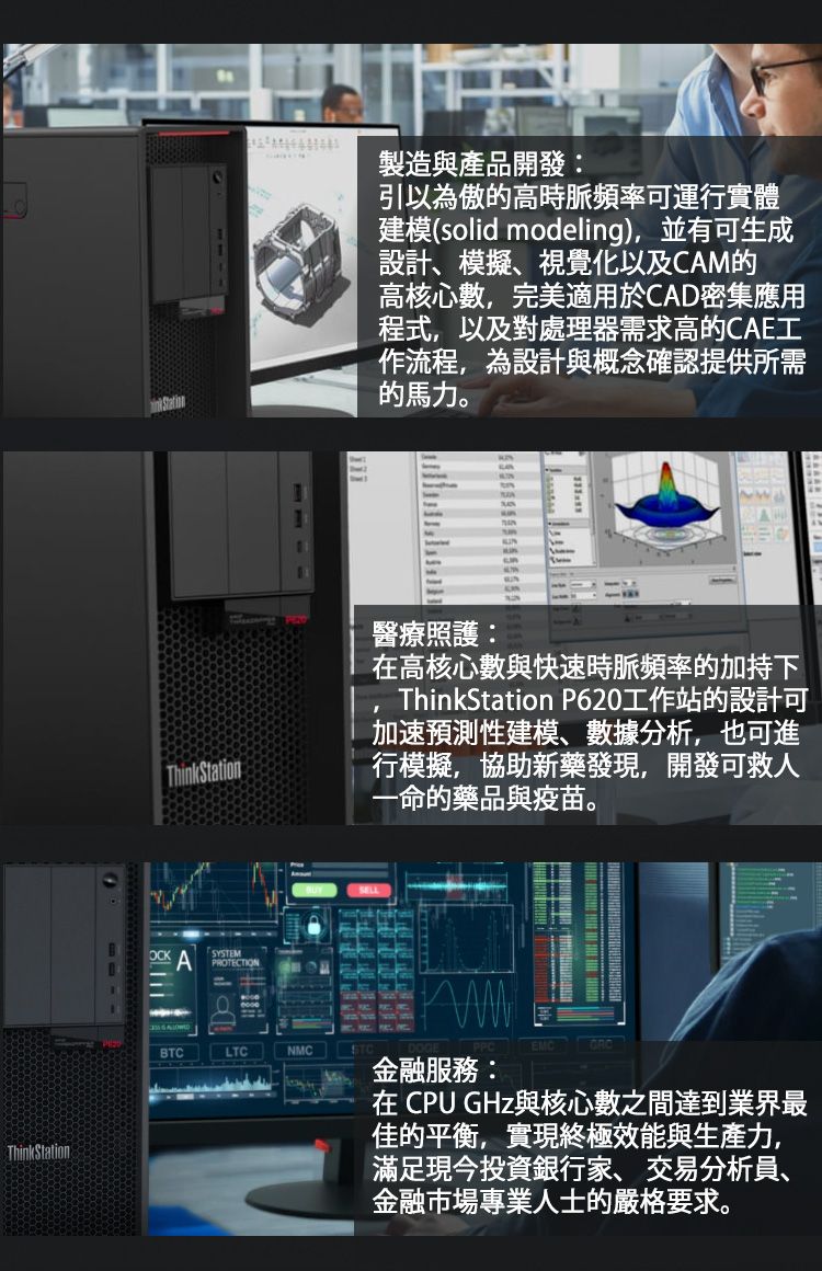 ThinkStationThinkStationSYSTEMPROTECTIOBTCLTCNMC製造與產品開發:引以為的高時脈頻率可運行實體建模(solid modeling),並有可生成設計、模擬、視覺化以及CM的高核心數,完美適用於CAD密集應用程式,以及對處理器需求高的CAE工作流程,為設計與概念確認提供所需的馬力。AN醫療照護:在高核心數與快速時脈頻率的加持下ThinkStation P620工作站的設計可加速預測性建模、數據分析,也可進行模擬,協助新藥發現,開發可救人一命的藥品與疫苗。金融服務:在 CPU GHz與核心數之間達到業界最佳的平衡,實現終極效能與生產力,滿足現今投資銀行家、交易分析員、金融市場專業人士的嚴格要求。