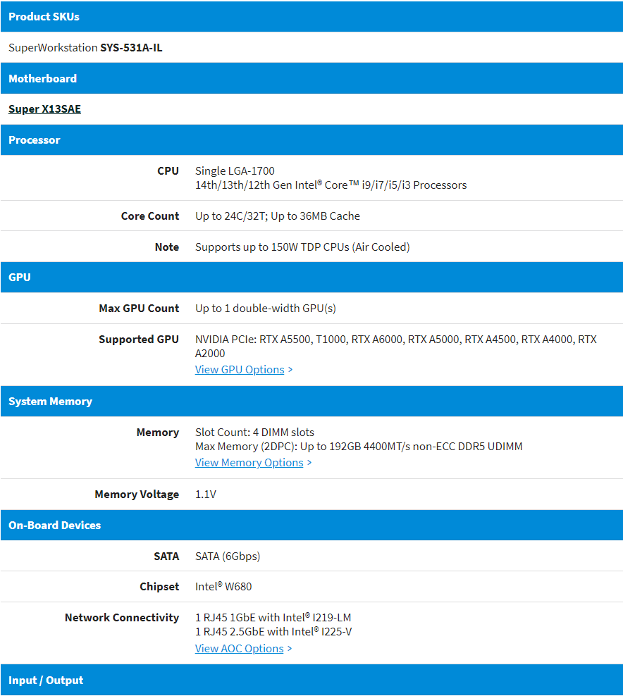 美超微SYS-531A-IL GPU工作站(i9-14900K/128G/4T+500G SSD) - PChome 24h購物