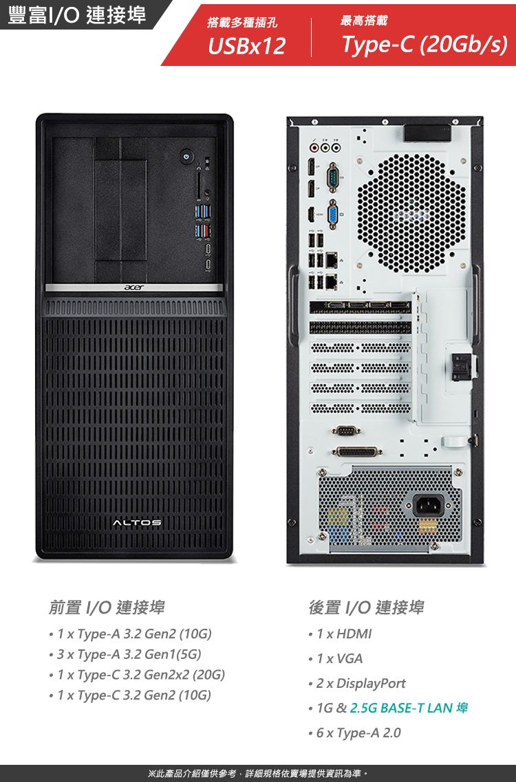 豐富I/ 連接埠搭載多種插孔最高搭載acerALTOSUSB12Type-C (20Gb/s)前置 I/O 連接埠 Type-A 3.2 Gen2 (10G)3  Type-A 3.2 Gen1(5G) Type-C3.2 Gen2 (20G) Type-C3.2 Gen2 (10G)後置 I/O 連接埠 1 x HDMI 1 x VGA2x DisplayPort & 2.5G BASE-T LAN 埠  Type-A 2.0※此產品介紹僅供參考,詳細規格依賣場提供資訊為準。