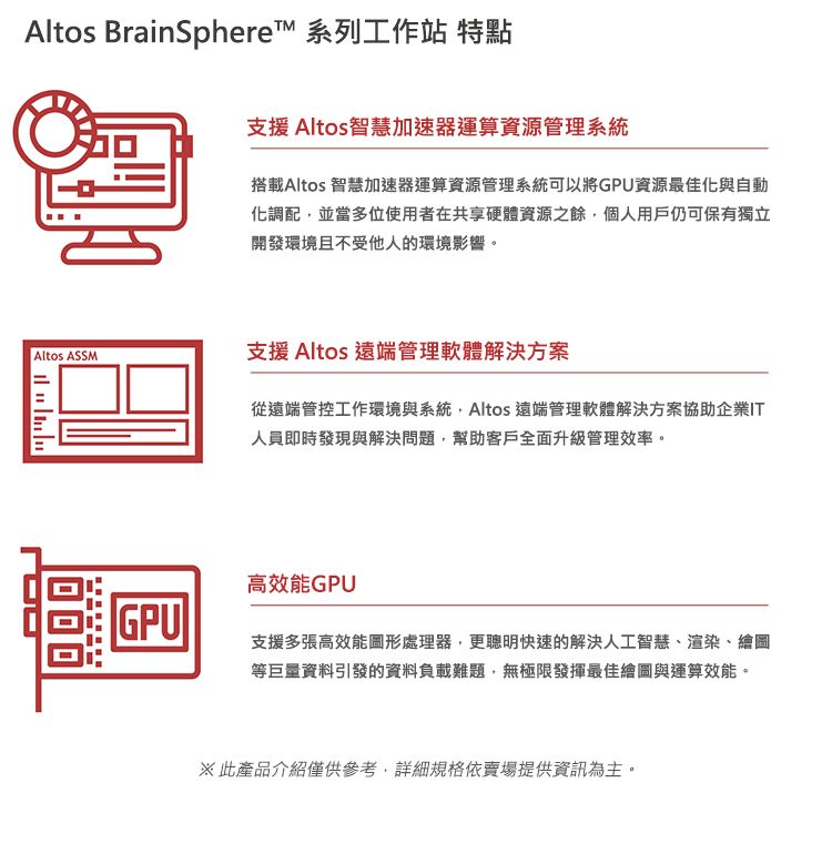 Altos BrainSphere 系列工作站 特點Altos ASSMו  GPU支援 Altos智慧加速器運算資源管理系統搭載Altos 智慧加速器運算資源管理系統可以將GPU資源最佳化與自動化調配並當多位使用者在共享硬體資源之餘,個人用戶仍可保有獨立開發環境且不受他人的環境影響。支援 Altos 遠端管理軟體解決方案從遠端管控工作環境與系統,Altos 遠端管理軟體解決方案協助企業IT人員即時發現與解決問題,幫助客戶全面升級管理效率。高效能GPU支援多張高效能圖形處理器,更聰明快速的解決人工智慧、渲染、繪圖等巨量資料引發的資料負載難題,無極限發揮最佳繪圖與運算效能。※此產品介紹僅供參考,規格依賣場提供資訊為主。