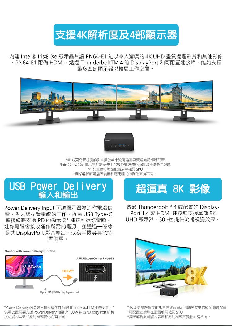 支援4K解析度及4部顯示器|內建 Intel® Iris® Xe 顯示 PN64-E1 能以令人驚嘆的4K UHD畫質處理影片和其他影像PN64-E1 配備 HDMI透過ThunderboltTM 4 的 DisplayPort 和可配置連接能夠支援最多四部顯示器以擴展工作空間。4K或更高解析度的影片播放或串流傳輸需要通道記憶體配置Intel® Iris® Xe 顯示晶片需要使用128位雙通道記憶體以獲得最佳效能*可配置連接配置前需確認 SKU*實際解析度可能因裝置和應用程式的變化而有不同。USB Power Delivery輸入和輸出Power Delivery Input 可讓顯示器為迷你電腦供電省去您配置電線的工作。透過USB Type-C連接線將支援 PD的顯示器*連接到迷你電腦迷你電腦會接收運作所需的電源並透過一條線提供 DisplayPort影片輸出,或為手機等其他裝置供電。超逼真  影像透過 Thunderbolt™ 4 或配置的 Display-Port 1.4 或HDMI 連接埠支援單部 8KUHD 顯示器、30Hz提供流暢視覺效果。Monitor with Power Delivery FunctionASUS ExpertCenter PN64-E1ASUS ProArt100W*Up to 8K @30Hz display output8K*Power Delivery (PD)輸入僅支援後面板的 ThunderboltTM4連接埠。*供電裝置需要支援 Power Delivery 和至少100W輸出 *Display Port 解析度可能因型號和應用程式變化而有不同。*4K 或更高解析度的影片播放或串流傳輸需要雙通道記憶體配置*可配置連接埠在配置前需確認 SKU*實際解析度可能因装置和應用程式的變化而有不同。