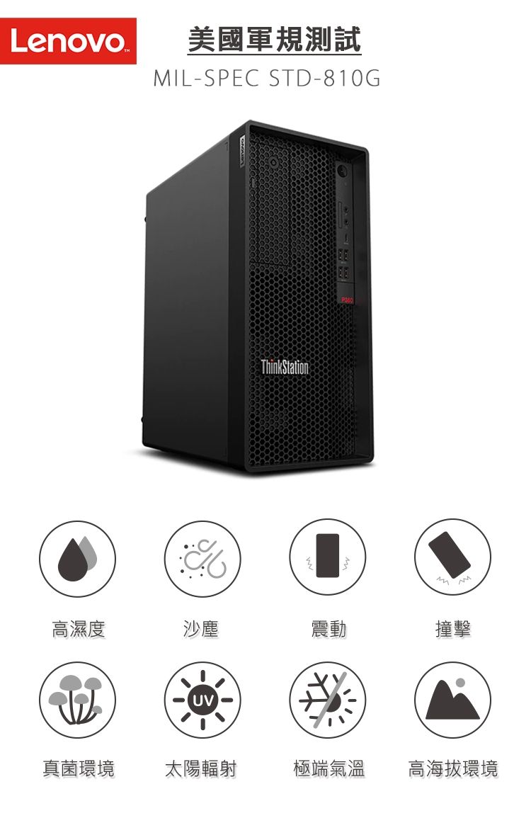 Lenovo美國軍規測試IL-SPEC STD-810GThinkStation高濕度沙塵震動UVM撞擊真菌環境太陽輻射極端氣溫高海拔環境