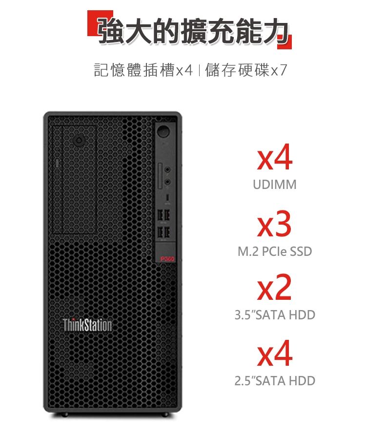 強大的擴充能力記憶體插槽4儲存硬碟x7ThinkStationUDIMMM.2  SSD3.5SATA HDDx42.5"SATA HDD