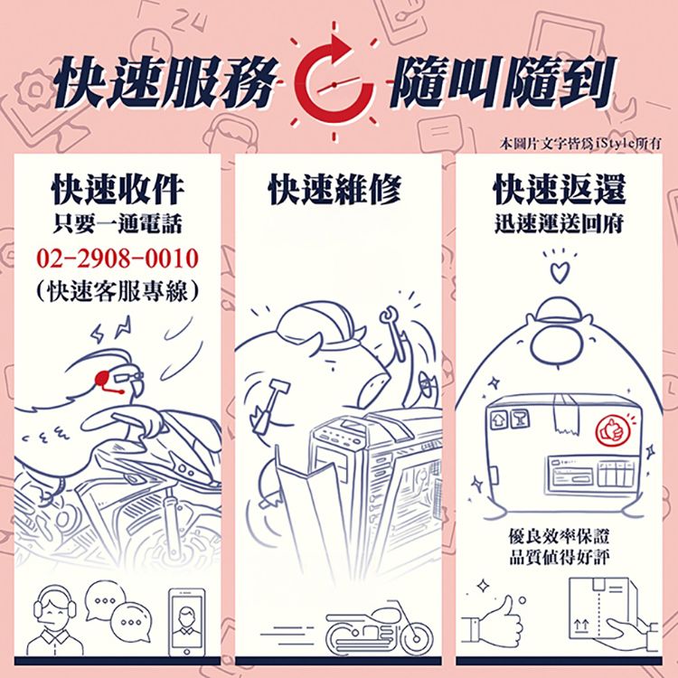 24快速服務隨叫隨到本圖片文字所有快速收件快速維修快速返還只要一通電話迅速運送回府02-2908-0010(快速客服專線)優良效率保證品質得好評L