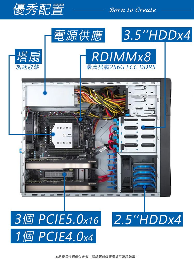 優秀配置電源供應Born to Create3.5HDDx4RDIMMx8塔扇加速散熱最高搭載256G ECC DDR5 3個 PCIE5.0x161個 PCIE4.0x4UU2.5HDDx4※此產品介紹僅供參考,詳細規格依賣場提供資訊為準。