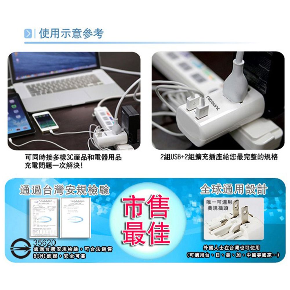 NICELINK 耐司林克 全球通用型2USB+2插座旅行轉接頭 US-T23A